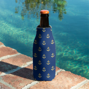 Rafraichisseur De Bouteilles Motif Ancre Jaune Chic Gold sur bleu marine foncé