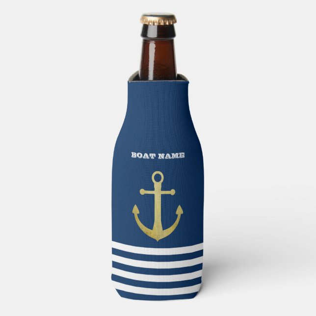 Rafraichisseur De Bouteilles Nautical, Gold Anchor Navy Blue Striped (Bottle Devant)