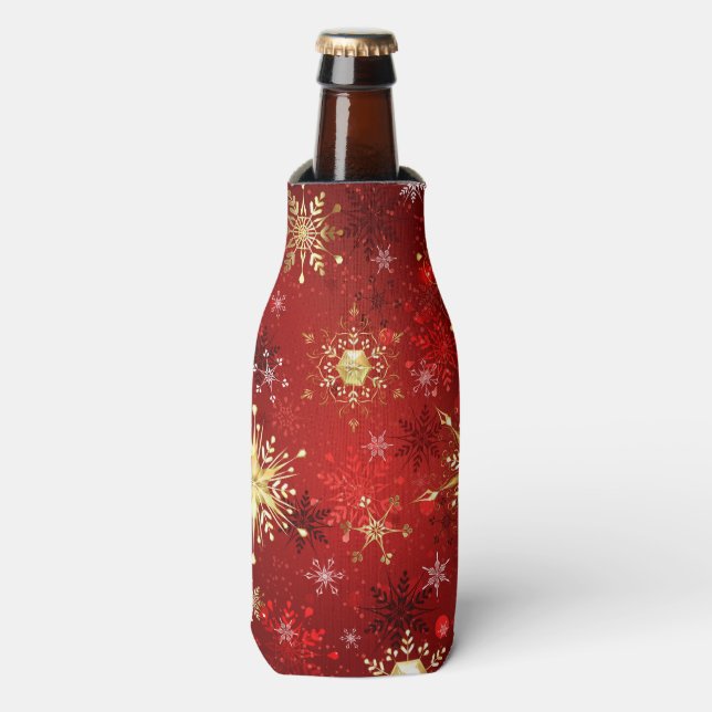 Rafraichisseur De Bouteilles Noël Golden Snowflakes sur Arrière - plan rouge (Bottle Devant)