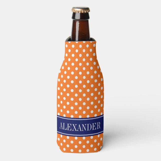 Rafraichisseur De Bouteilles Orange Citrouille Points Blancs Navy Monogramme (Bottle Devant)