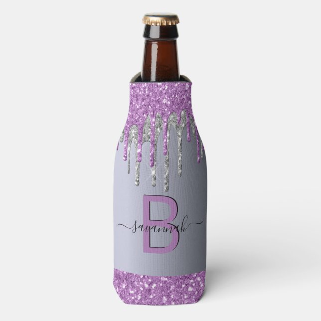 Rafraichisseur De Bouteilles Paillettes monogramme nom violet argent anniversai (Bottle Devant)