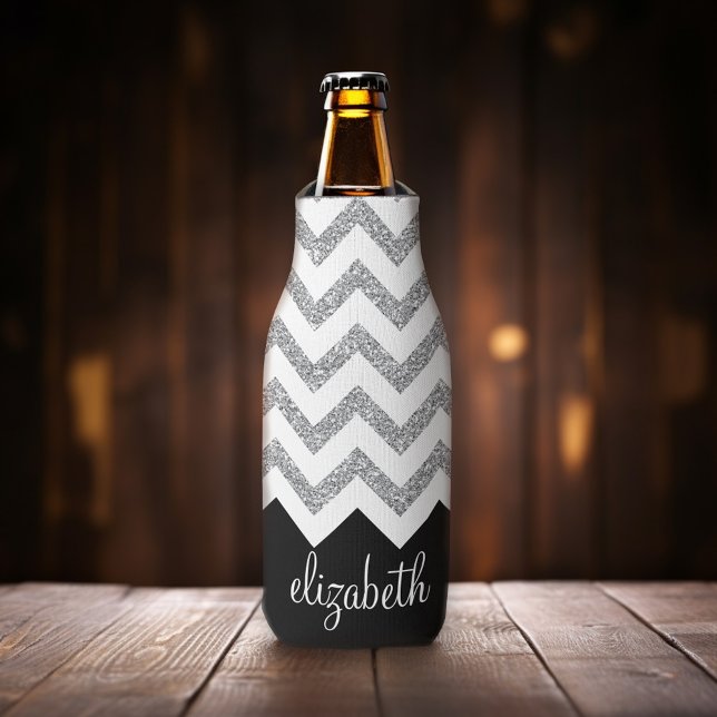 Rafraichisseur De Bouteilles Parties scintillant noire et argent Imprimer Chevr (Add your name to this personalized bottle cooler.)