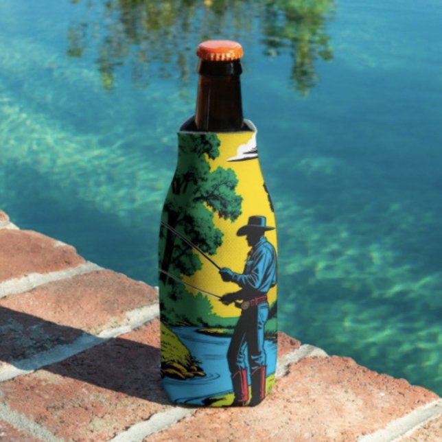 Rafraichisseur De Bouteilles Pêcheur sur la rive (Retro Cowboy Fishing Riverside Scene bottle cooler insulated bottle cooler high-density material. )