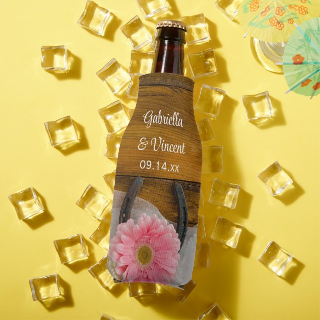 Rafraichisseur De Bouteilles Pink Daisy et Horseshoe Country Western Mariage (Été in situ)