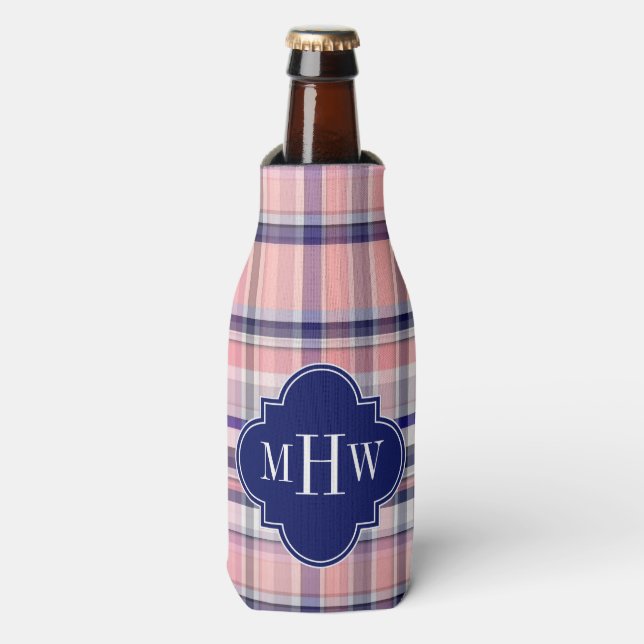 Rafraichisseur De Bouteilles Pink Navy White Preppy Madras Quatrefoil (Bottle Devant)