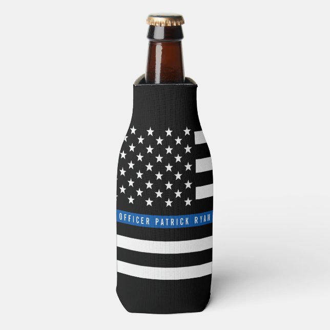 Rafraichisseur De Bouteilles Police Mince Ligne Bleue Américain Drapeau Nom (Bottle Devant)