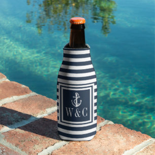 Rafraichisseur De Bouteilles Rayure Bleue Marine Ancre Naútic Monogramme