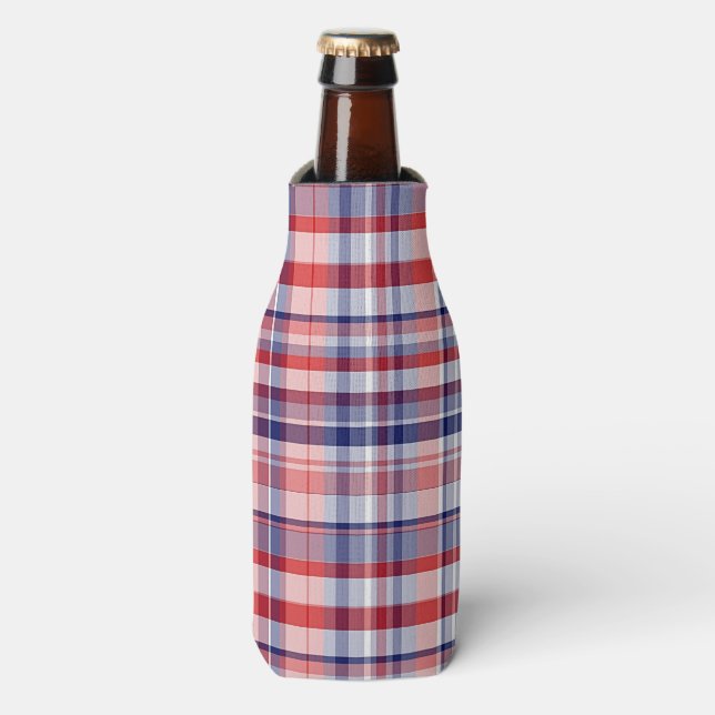 Rafraichisseur De Bouteilles Rouge, Blanc, Bleu Preppy Madras Plaid (Bottle Devant)