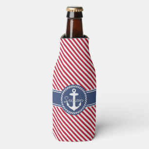 Rafraichisseur De Bouteilles Rouge et rayures marine Ancre nautique Monogramme