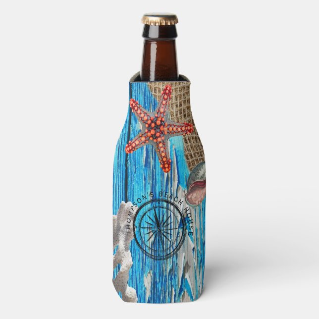 Rafraichisseur De Bouteilles Rustique Nautique Bleu Burlap Starfish (Bottle Devant)
