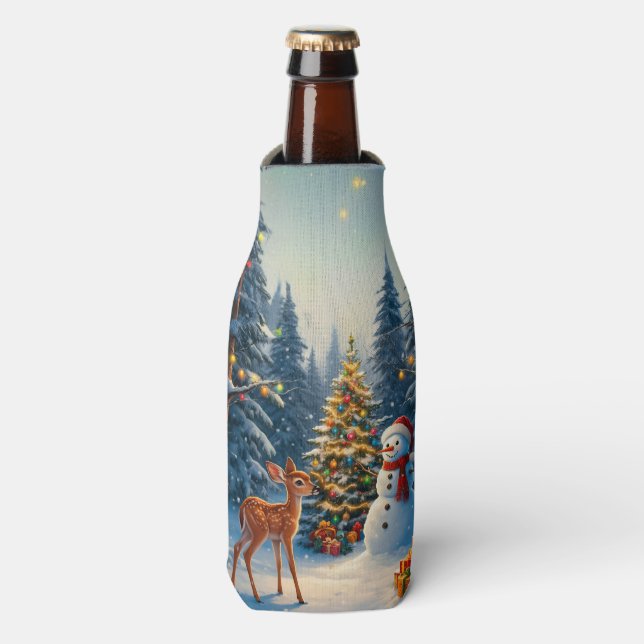 Rafraichisseur De Bouteilles Scene d'arbre de Noël Cute Deer Fawn Snowman (Bottle Devant)