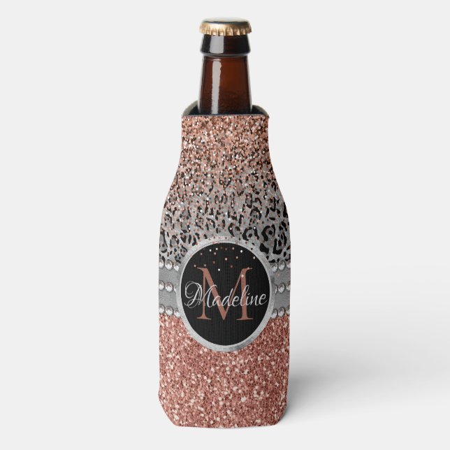 Rafraichisseur De Bouteilles Stylish Girly Rose Gold Glitter Leopard Monogram (Bottle Devant)