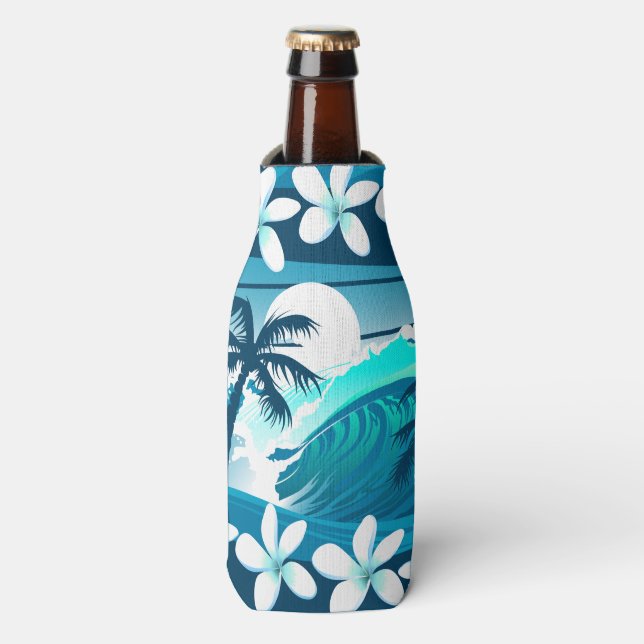 Rafraichisseur De Bouteilles vague de surf tropicale avec palmiers (Bottle Devant)