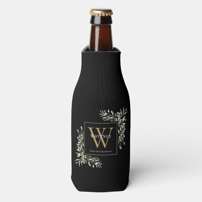 Rafraichisseur De Bouteilles Verdure Or Monogramme élégant Noir moderne (Bottle Devant)