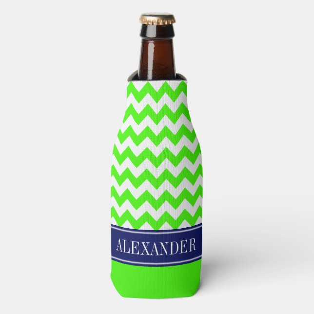 Rafraichisseur De Bouteilles Vert Citron Blanc Chevron CB Navy Monogramme (Bottle Devant)