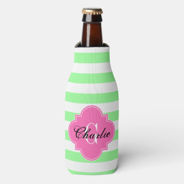 Rafraichisseur De Bouteilles Vert Menthe Blanc Rayure Horizontale Monogramme In (Bottle Devant)