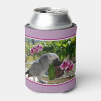 African Grey Parrot with Orchids