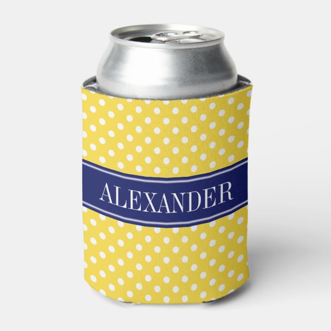 Rafraichisseur De Cannettes Ananas Jaune Blanc Points Nuit Nom Monogramme (Can devant)