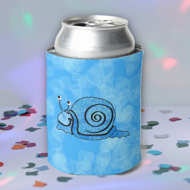 Rafraichisseur De Cannettes Cartoon bleu escargot mignon (Cute cartoon smiling snail with blue shell on blue patterned drink can cooler.)