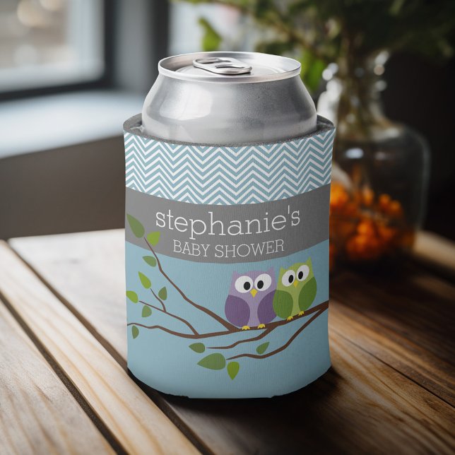 Rafraichisseur De Cannettes Chouette mignonne en Branche - Bleu bébé garçon do (Personalized Can Cooler - Add Custom Text or Name)