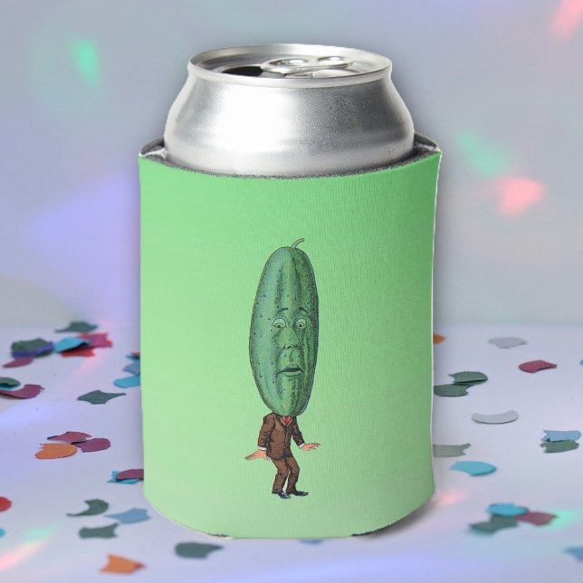 Rafraichisseur De Cannettes Costume Brown Imaginaire Pickle Man (Cool man brown suit with big green pickle head with face on green drink can cooler.)