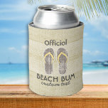Rafraichisseur De Cannettes Funny Beach Bum Flip Flops Retro Vintage<br><div class="desc">Ce thème de plage peut refroidir dispose d'un design vintage de tongs gris contre un faux burlap/arrière - plan à grains de bois et le texte "officiel" de la cloche de plage. Ajoutez votre propre nom, nom de plage ou texte personnalisé en bas. Parfait pour les jours de farniente à...</div>