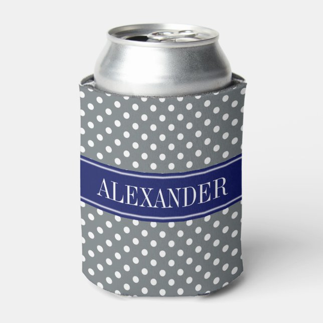 Rafraichisseur De Cannettes Gris Charbon Blanc Points de Navy Nom Monogramme (Can devant)