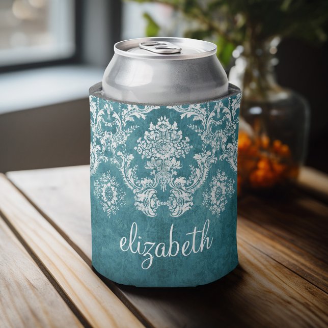 Rafraichisseur De Cannettes Modèle de Damas gris turquoise Texte personnalisé (Personalized can cooler with a place to add a name or other custom text)