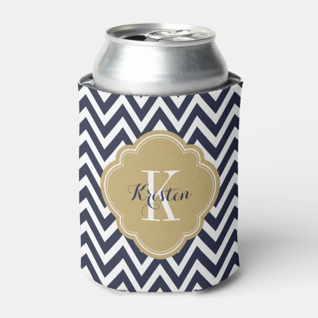 Rafraichisseur De Cannettes Monogramme bleu marine et or Chevron (Can devant)