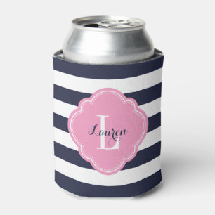 Rafraichisseur De Cannettes Monogramme bleu marine et rose de bandes Preppy