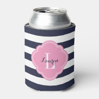 Rafraichisseur De Cannettes Monogramme bleu marine et rose de bandes Preppy