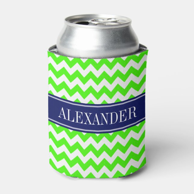 Rafraichisseur De Cannettes Monogramme de nom Navy Chevron Blanc Vert Citron (Can devant)
