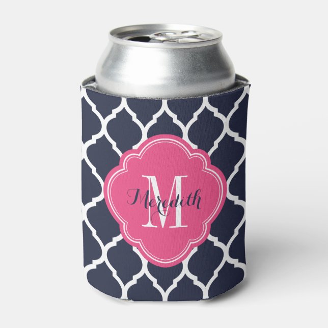 Rafraichisseur De Cannettes Monogramme de Quatrefoil bleu marine et rose maroc (Can devant)