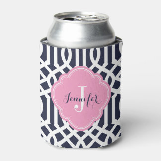 Rafraichisseur De Cannettes Monogramme de treillis bleu marine et rose