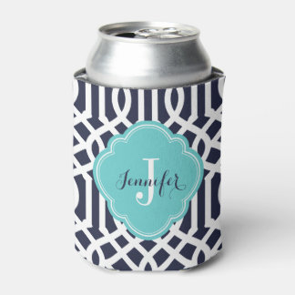 Rafraichisseur De Cannettes Monogramme de treillis bleu marine et turquoise