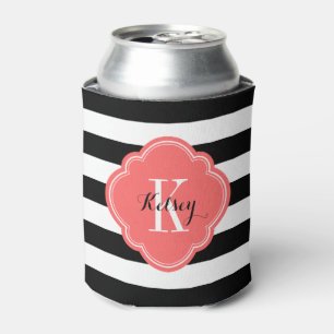 Rafraichisseur De Cannettes Monogramme des rayures de preppy noir et corail