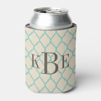 Rafraichisseur De Cannettes Monogramme en lin rustique Beige et Aqua Quatrefoi