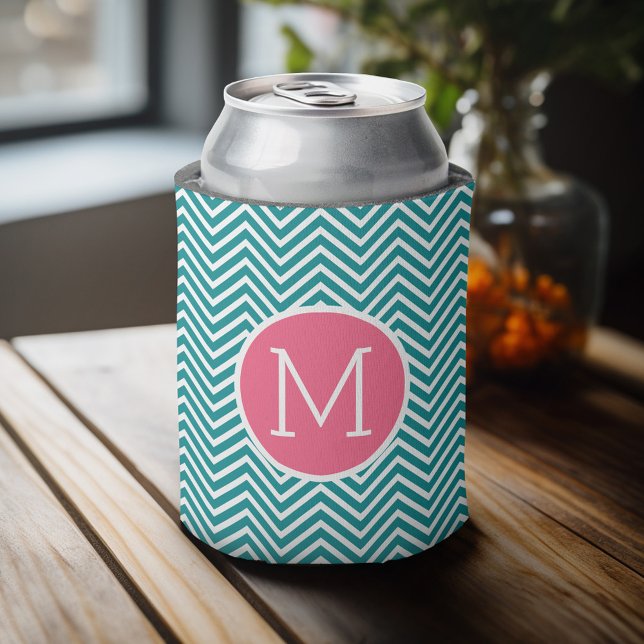 Rafraichisseur De Cannettes Motif Girl Chevron avec Monogramme - Turquoise ros (Celebrate with a personalized can cooler - add your name or monogram. Great party favor or gift)