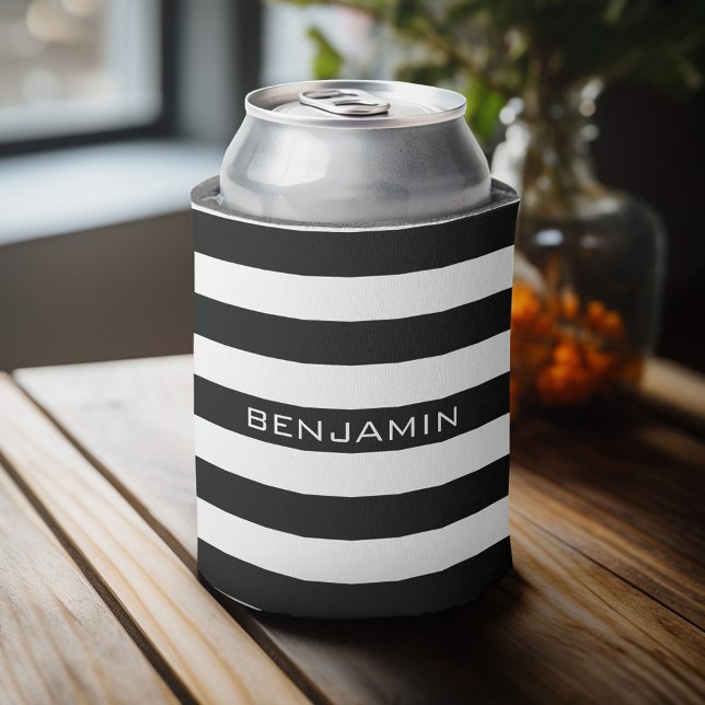Rafraichisseur De Cannettes Motif rayé noir et blanc Ajouter votre nom (Personalized Can Cooler - Add Custom Text or Name)