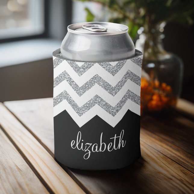 Rafraichisseur De Cannettes Parties scintillant noire et argent Imprimer Chevr (Celebrate with a personalized can cooler - add your name. Great party favor or gift)