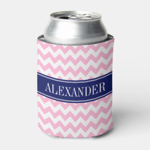 Rafraichisseur De Cannettes Rose Bonbon Blanc Chevron Navy Monogramme de Nom