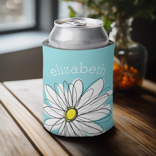 Rafraichisseur De Cannettes Texte personnalisé Aqua et Jaune Whimsical Daisy (Personalized can cooler with a place to add a name or other custom text)