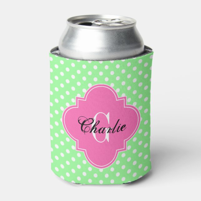 Rafraichisseur De Cannettes Vert Menthe Points Blancs Chaud Rose Nom Initiale (Can devant)