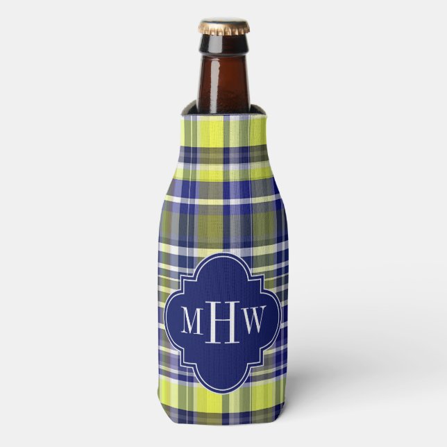 Rafraîchisseur Pour Bouteille Ananas Marine bleu blanc Preppy Madras Monogramme (Bottle Devant)