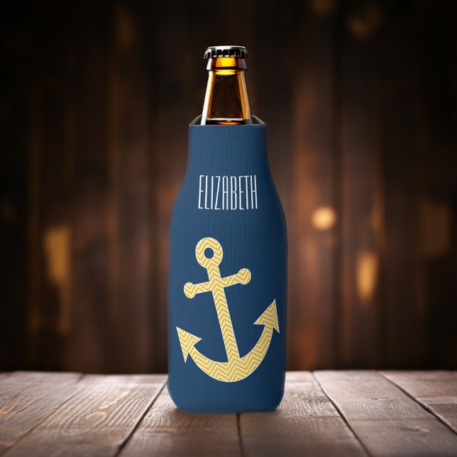 Rafraîchisseur Pour Bouteille Ancre nautique avec Motif de Navy Jaune Chevron (Bottle can cooler with an anchor - add your name!)