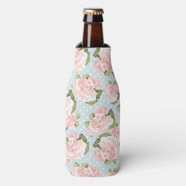 Rafraîchisseur Pour Bouteille Beau motif rose avec pois bleu (Bottle Devant)