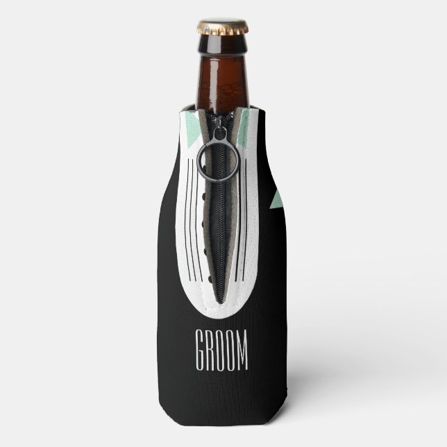 Rafraîchisseur Pour Bouteille BRIDE Turquoise Bleu et noir Tuxedo Mariage (Bouteille Dos)