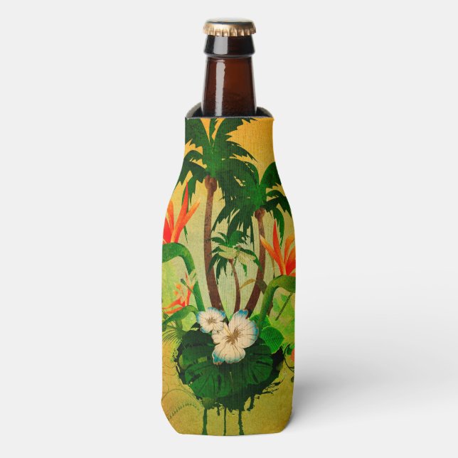 Rafraîchisseur Pour Bouteille Design tropical avec fleurs et palmiers (Bottle Devant)