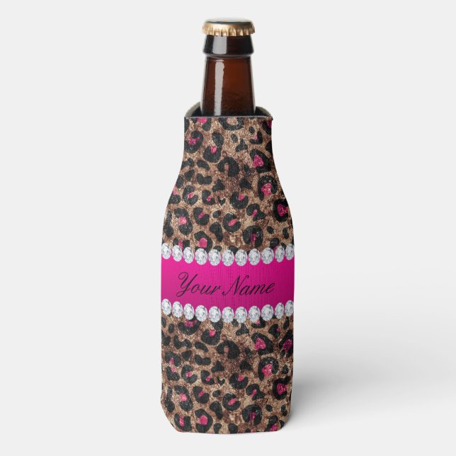 Rafraîchisseur Pour Bouteille Faux Leopard Rose rose chaud huile et diamants (Bottle Devant)