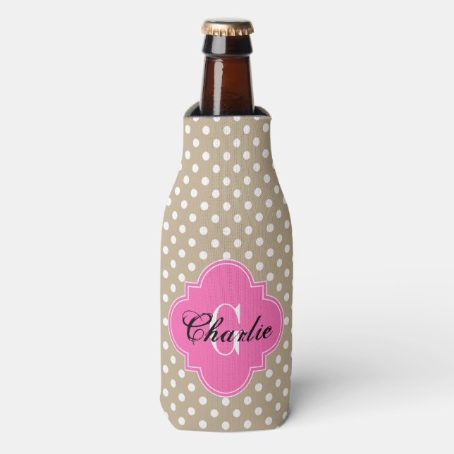 Rafraîchisseur Pour Bouteille Khaki Points Blancs Chaud Rose Nom Initiale (Bottle Devant)